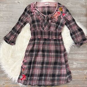 Johnny Was 3J Workshop Embroidered Plaid Flannel Dress